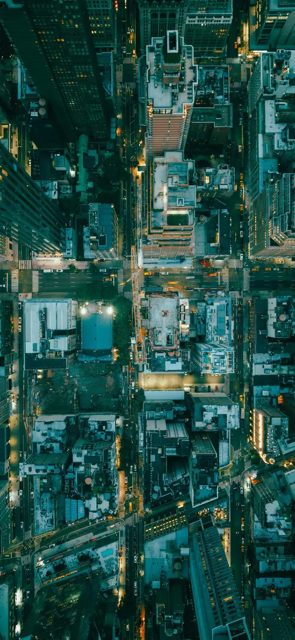 Aerial Grid View City Streets Green Lighting