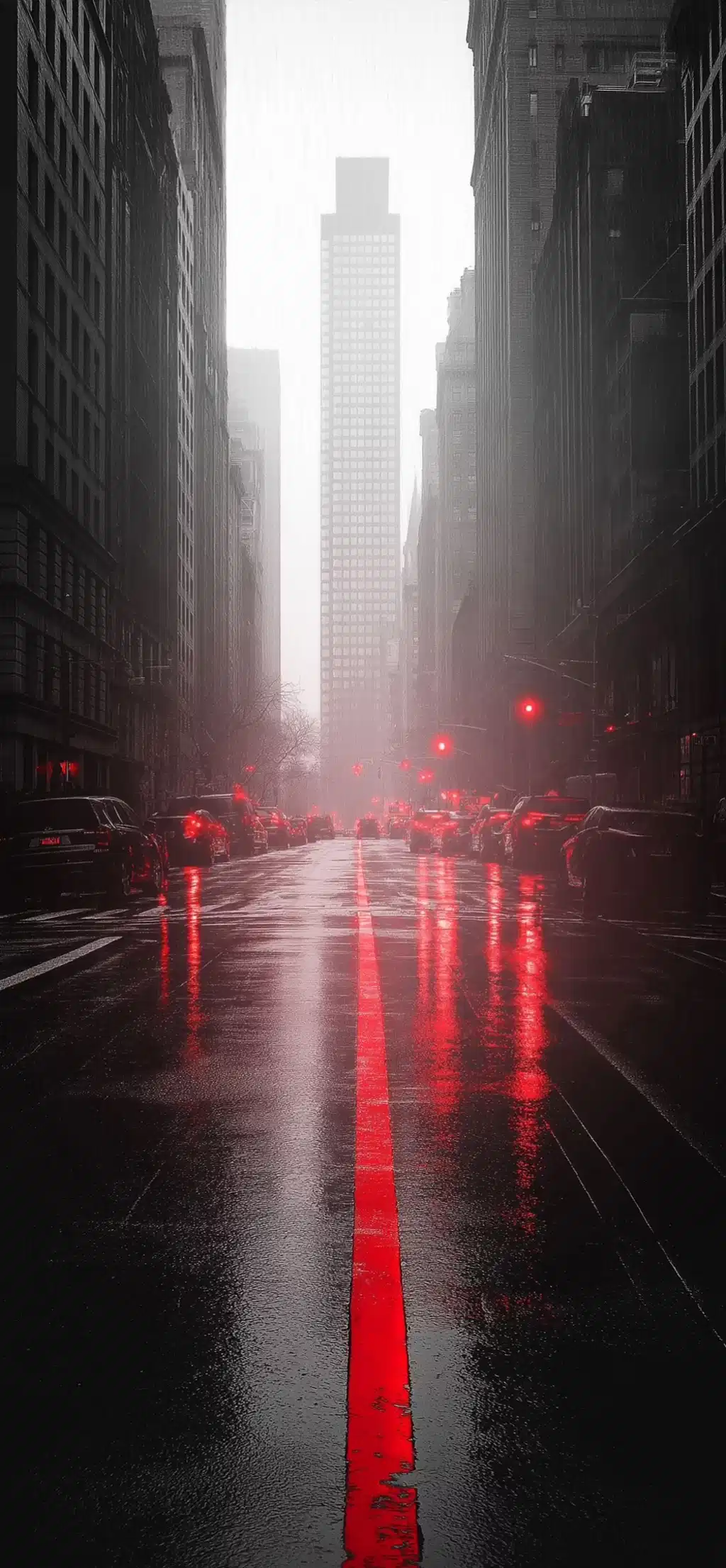 Street Wet Rain Red Lights Vertical