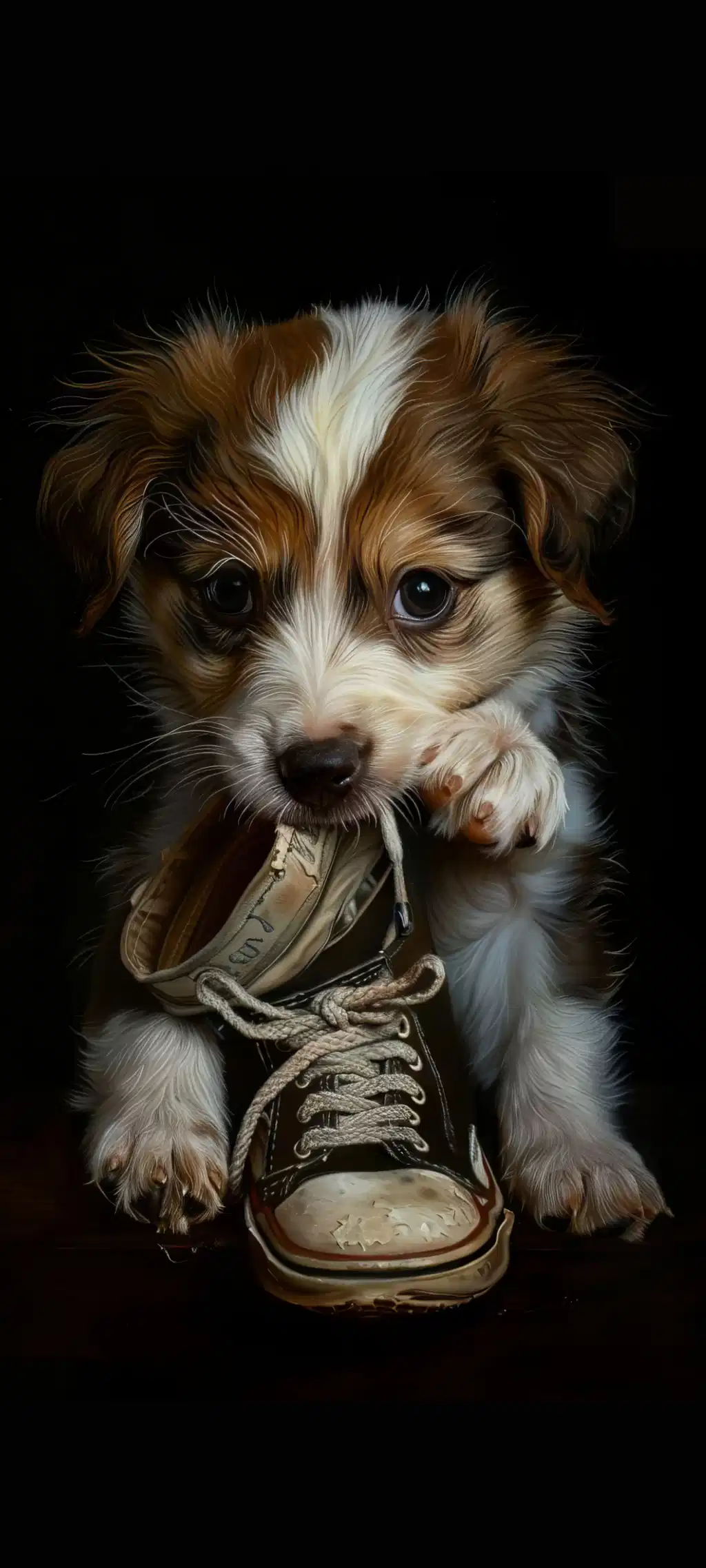 Cute Puppy Wearing Old Leather Shoe