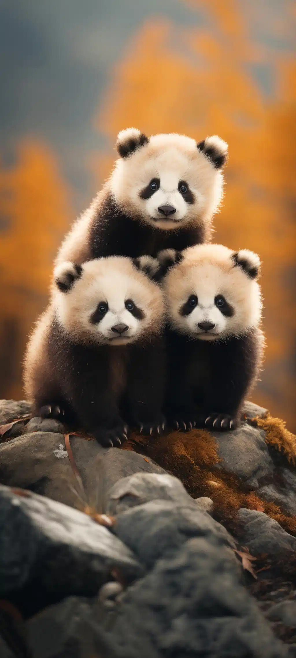 Family Of Three Pandas Climbing Rocks