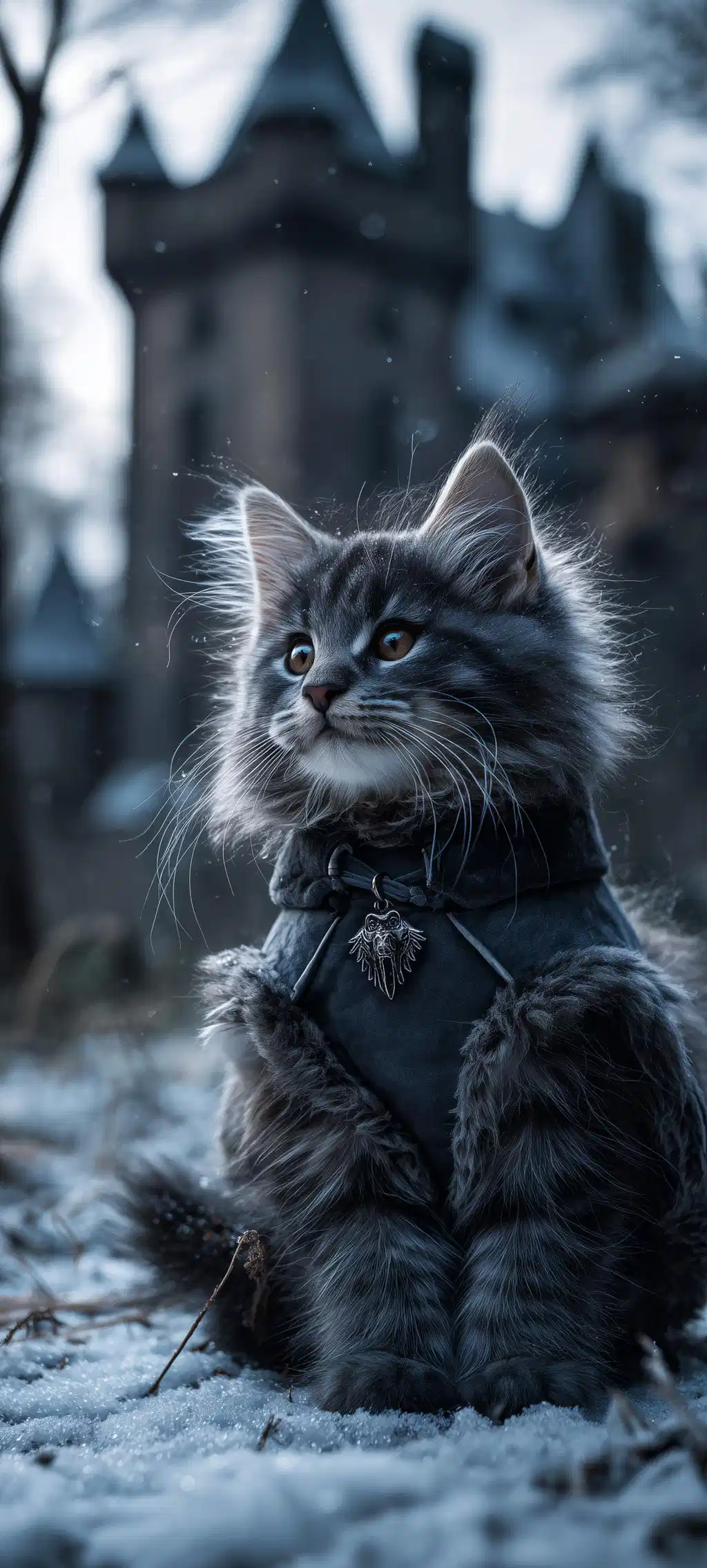 Fluffy Grey Kitten Gothic Castle