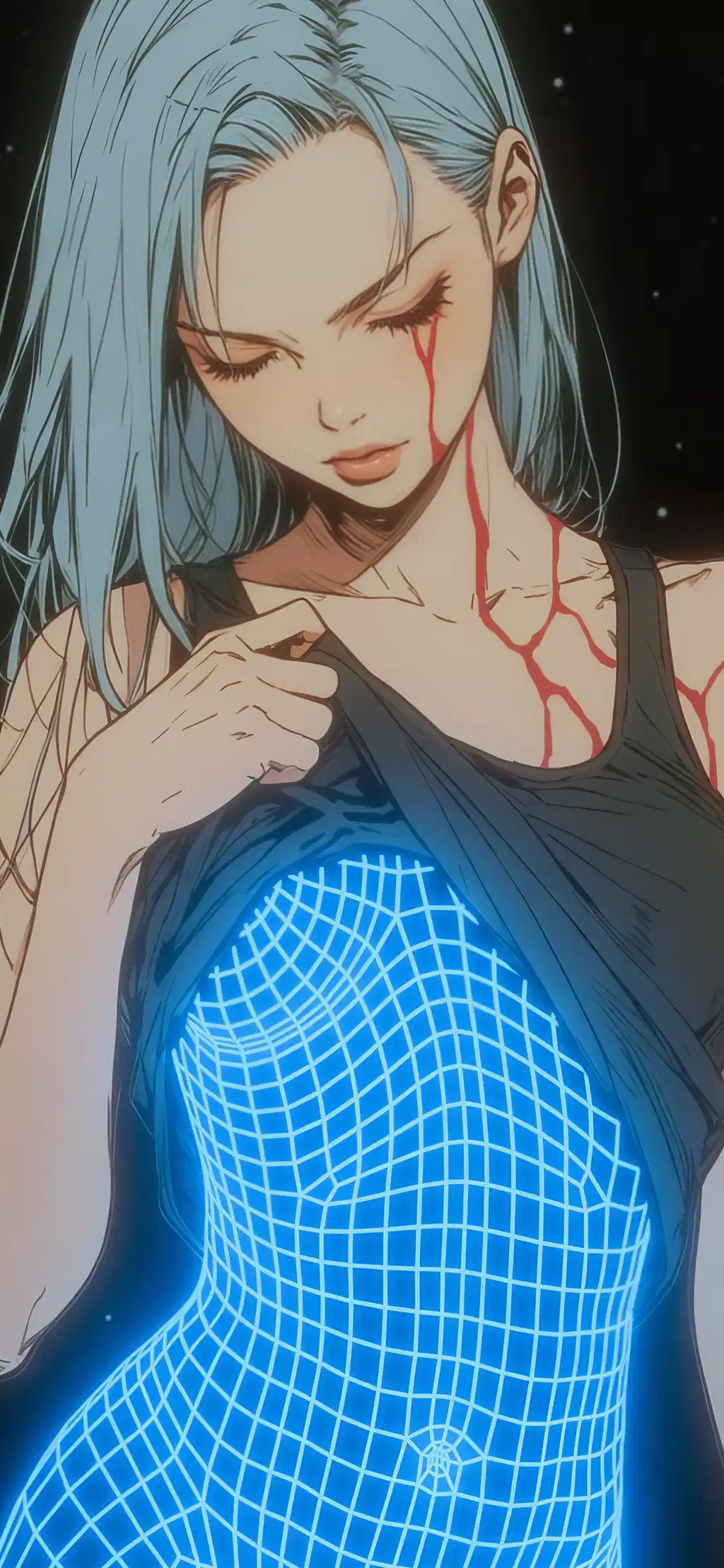 Anime Blue Hair Cyborg Girl Portrait