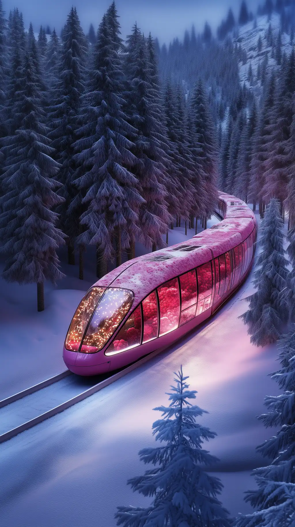 Red Futuristic Bullet Train Snow Mountain