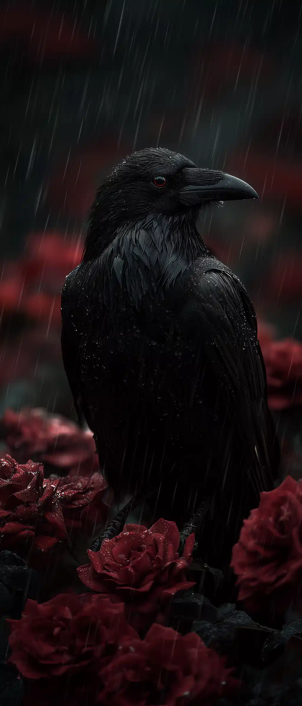 Black Raven Perched Red Flowers