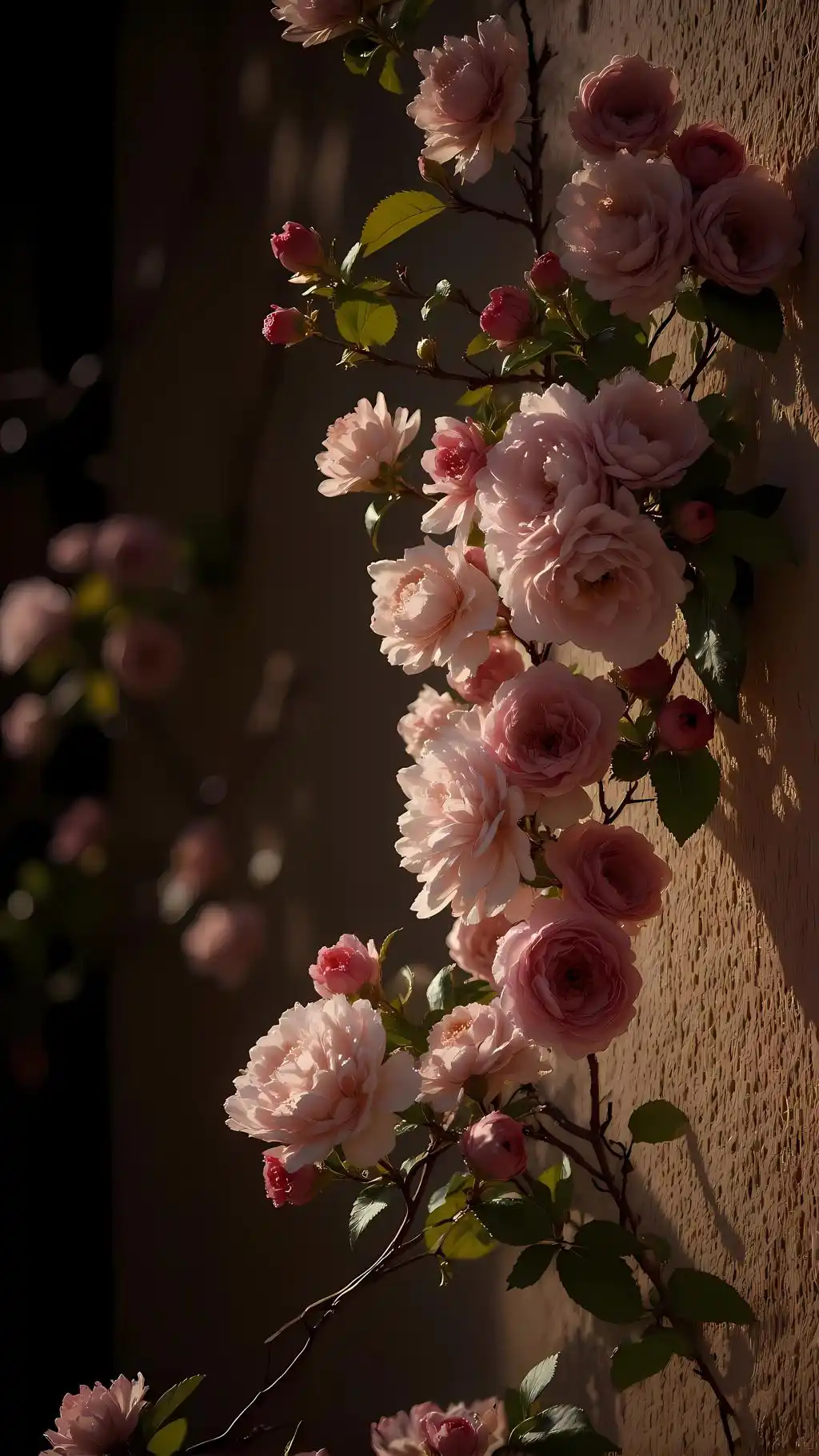 Climbing Pink Roses Stone Wall
