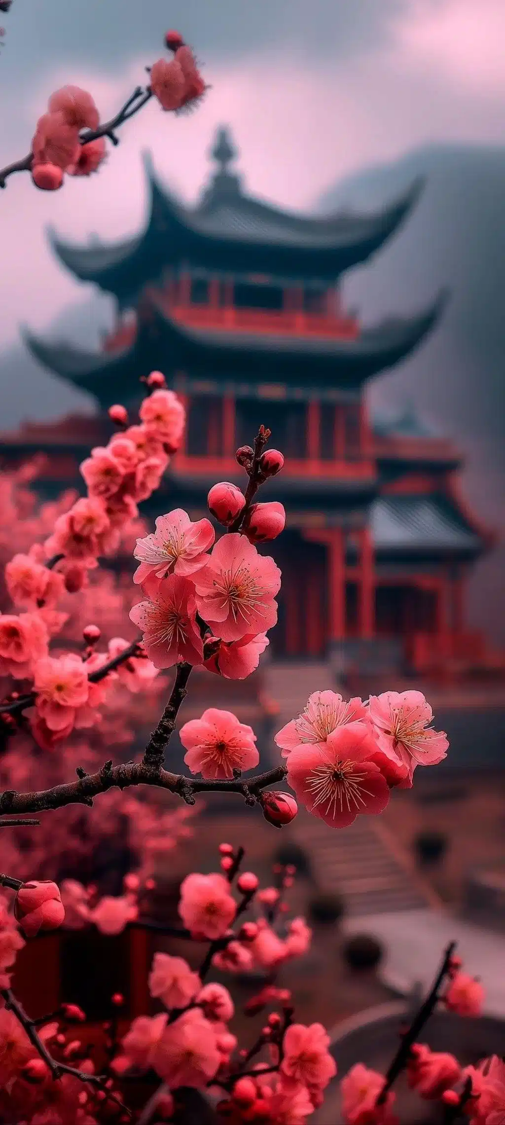 Japanese Pagoda Red Blossom Trees