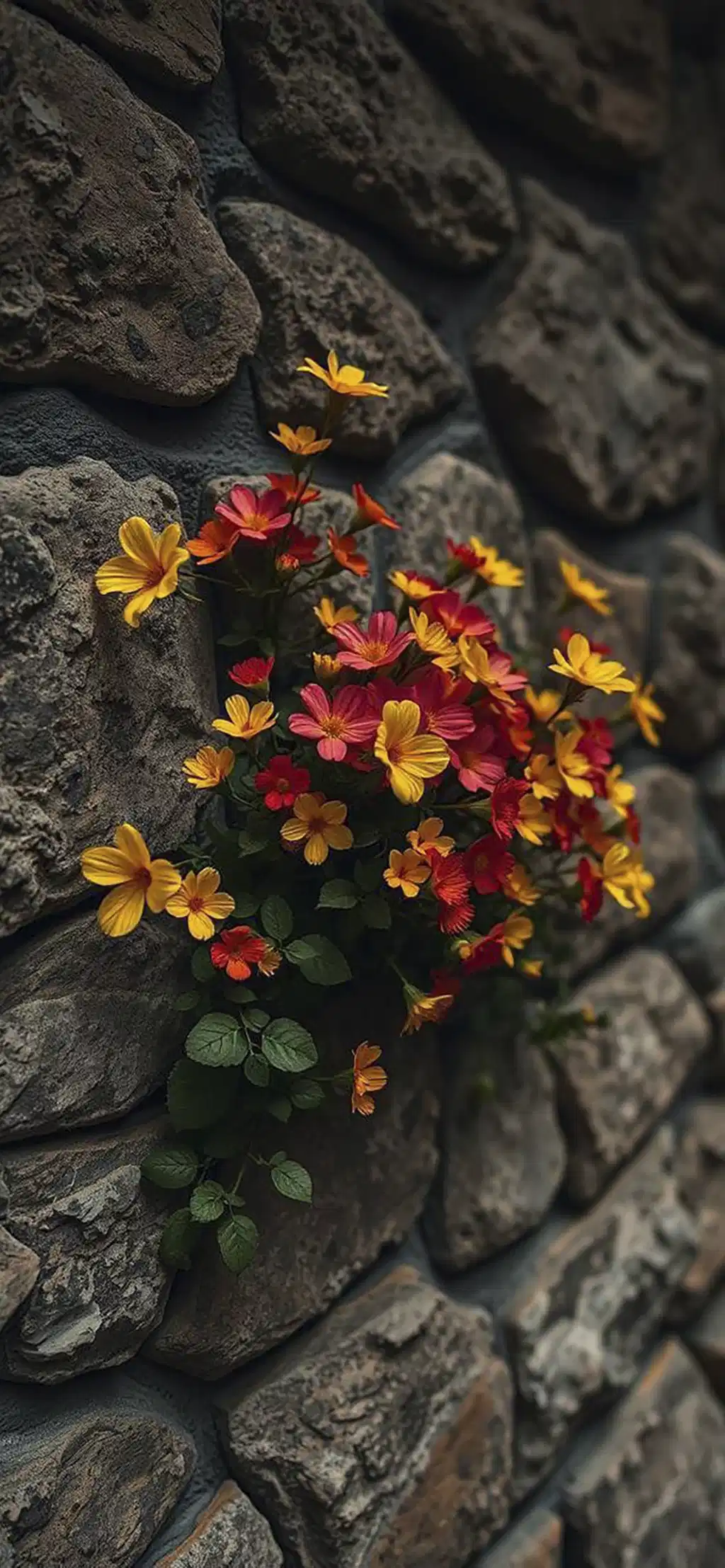 Orange Flowers Growing Stone Wall