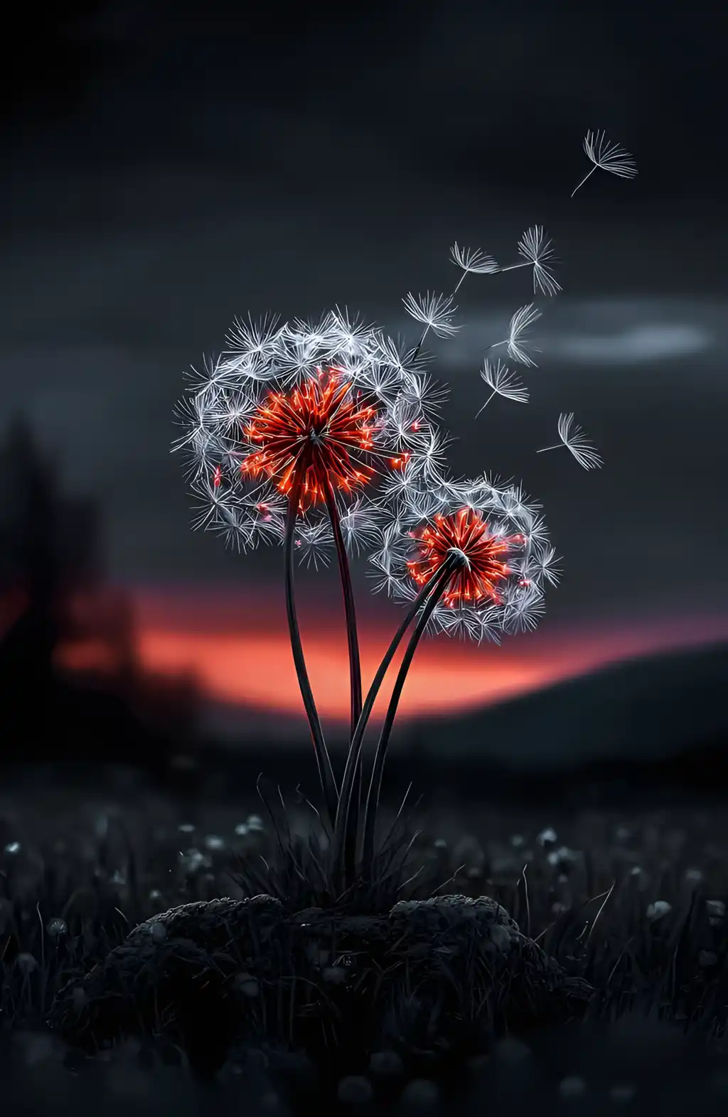 White Dandelions Dusk Field