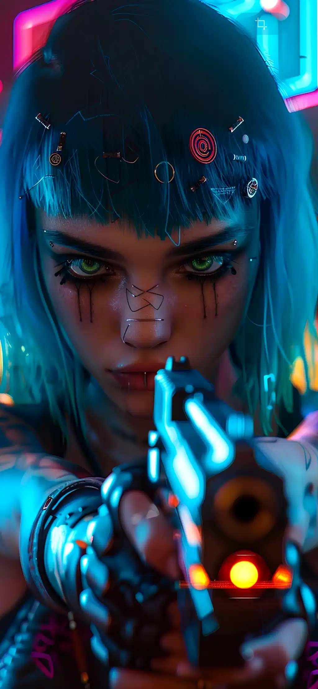 Cyberpunk Girl Blue Hair Neon Lights