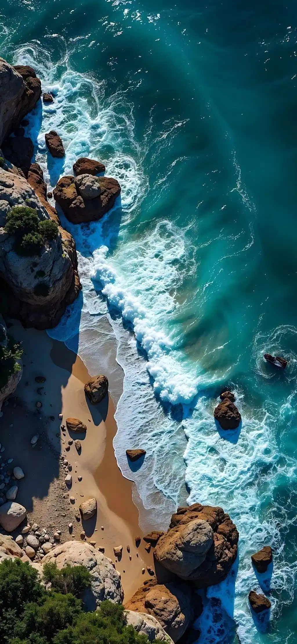 Aerial Ocean Waves Crashing Rocks