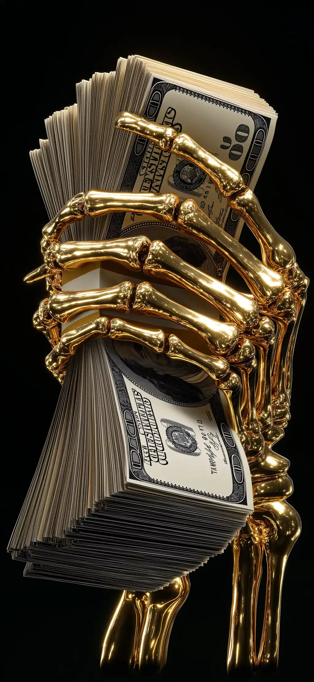 Gold Skeleton Hand Holding Cash Stack