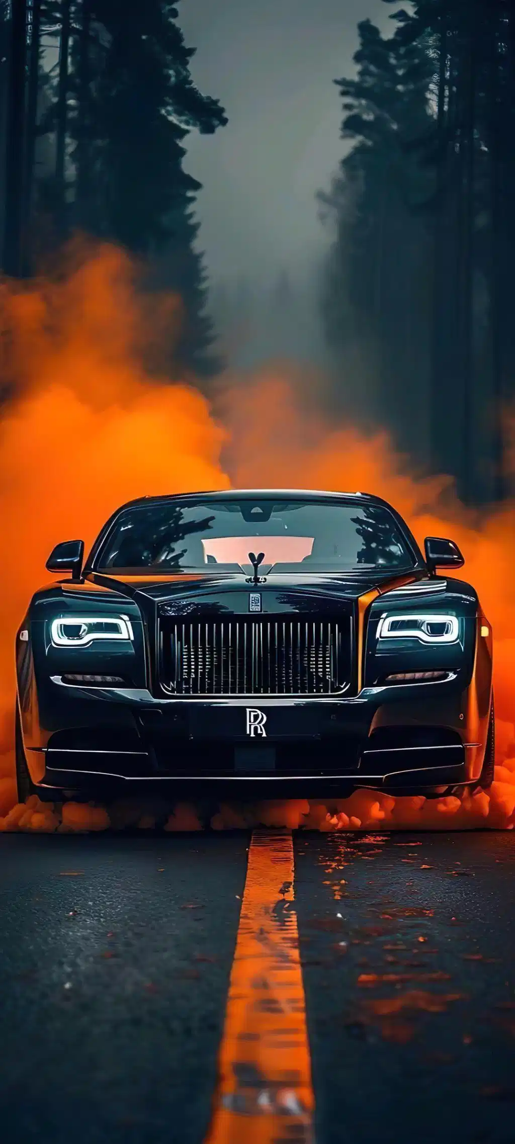 Luxury Car Orange Smoke Dark Forest