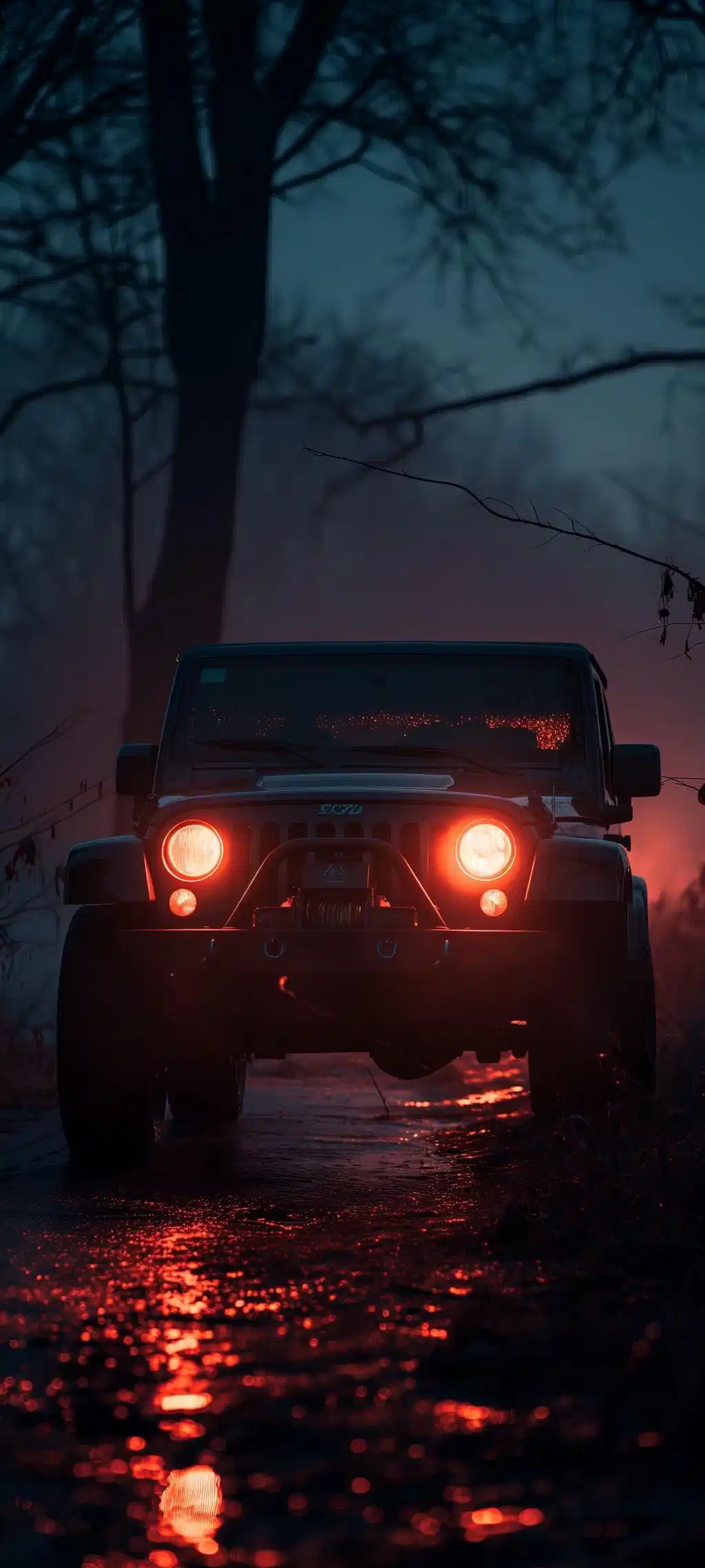 Offroad Jeep Red Headlights Dark Foggy Forest