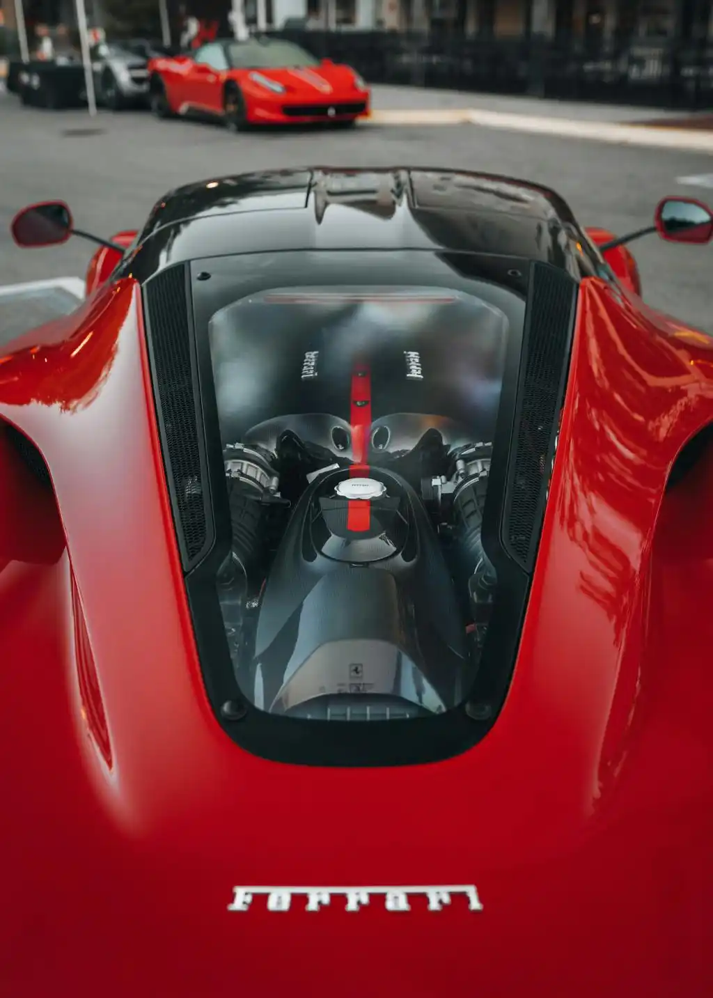 Red Ferrari Supercar Hood Emblem Close Up