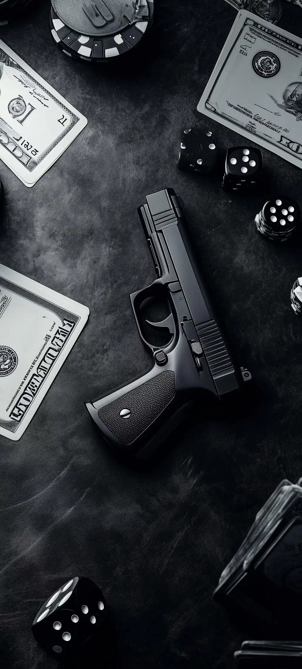 Tactical Handgun And Cash Dark Mafia Flatlay