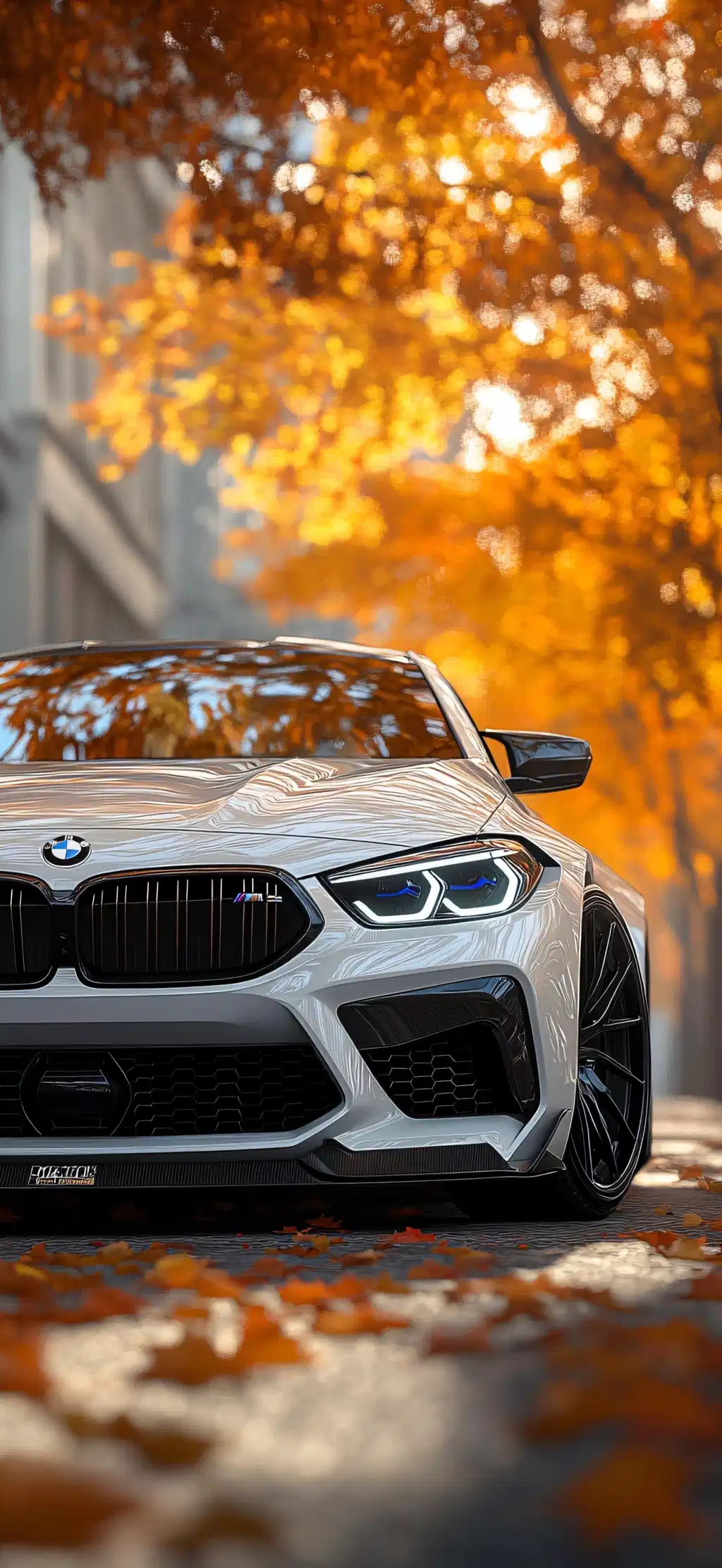 White Luxury Car Autumn Forest Road