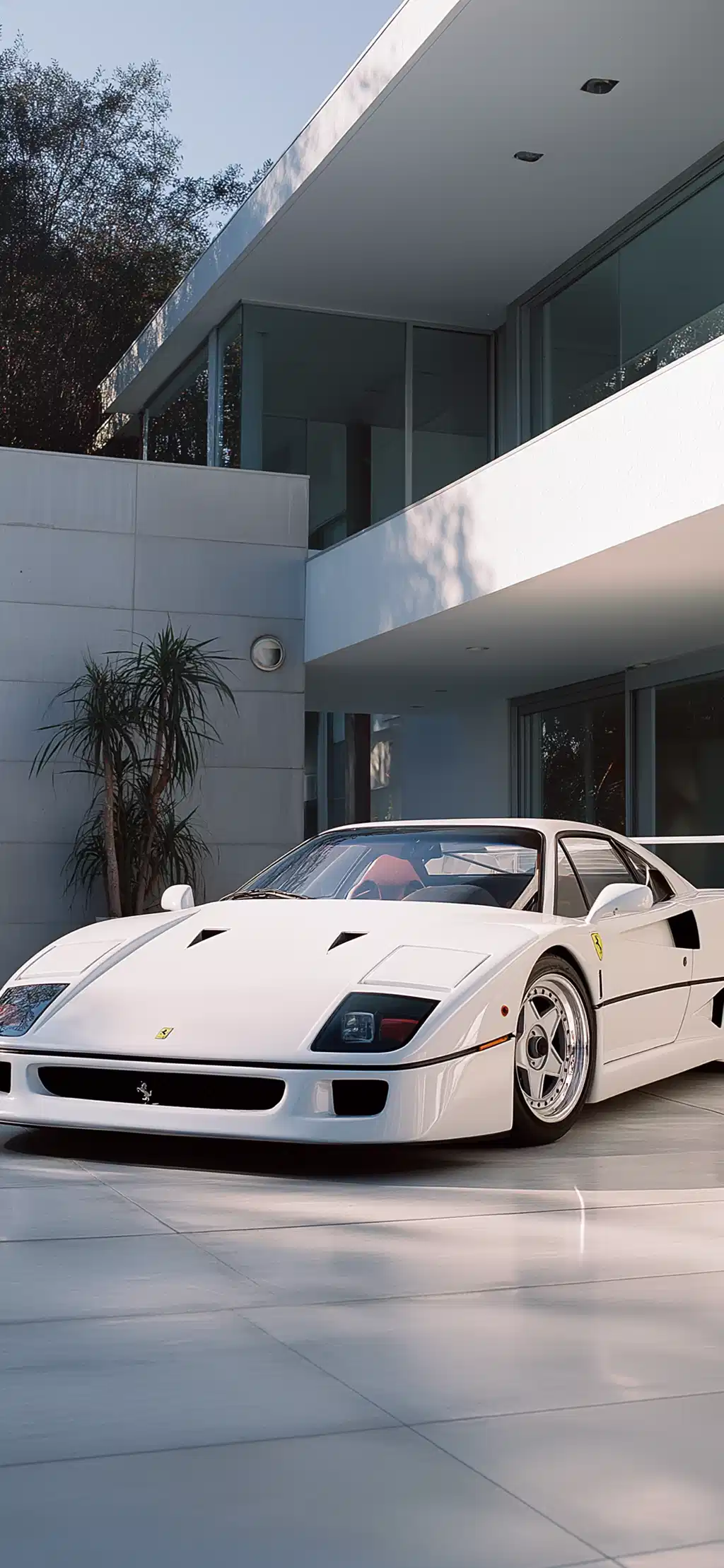 White Vintage Supercar Modern Mansion Driveway
