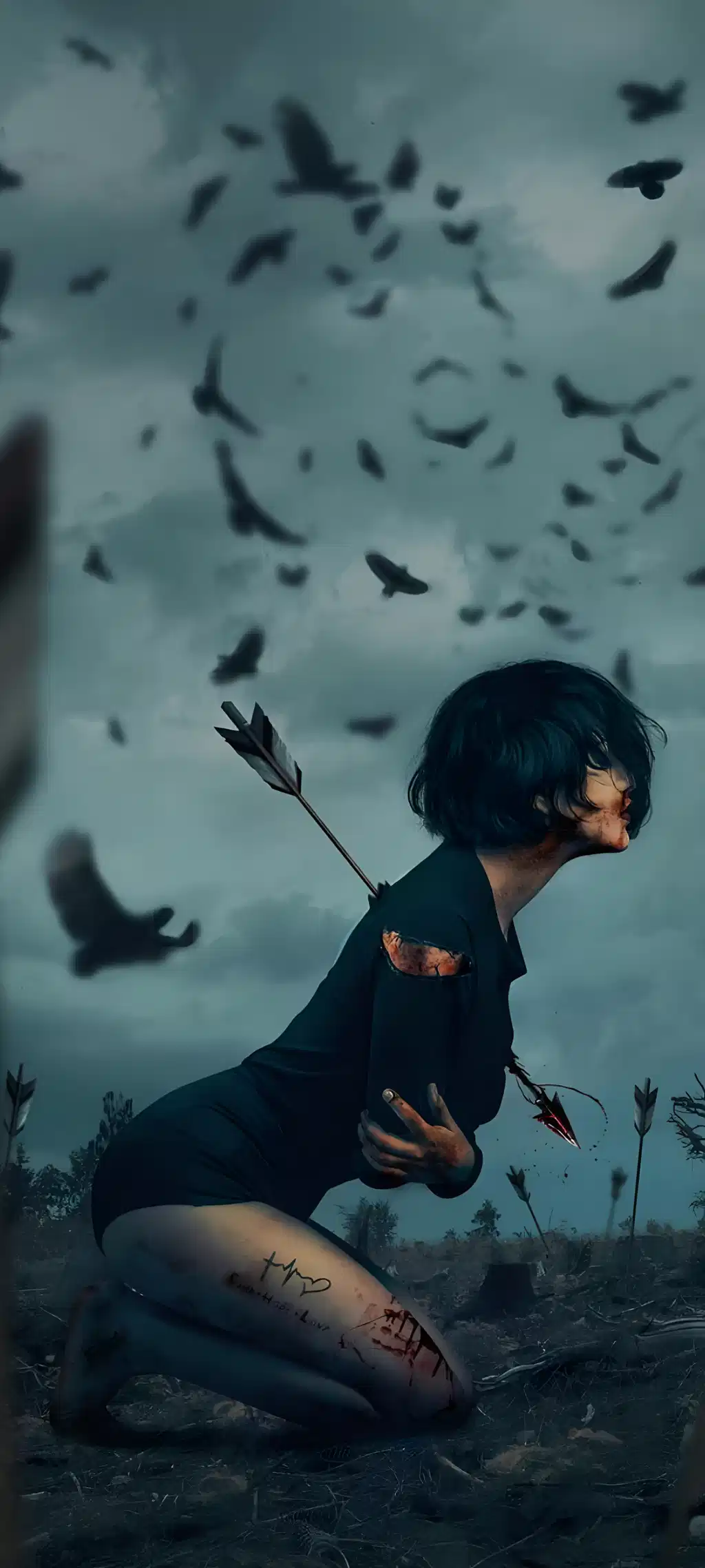 Crow Girl Falling Sky Aesthetic Wallpaper