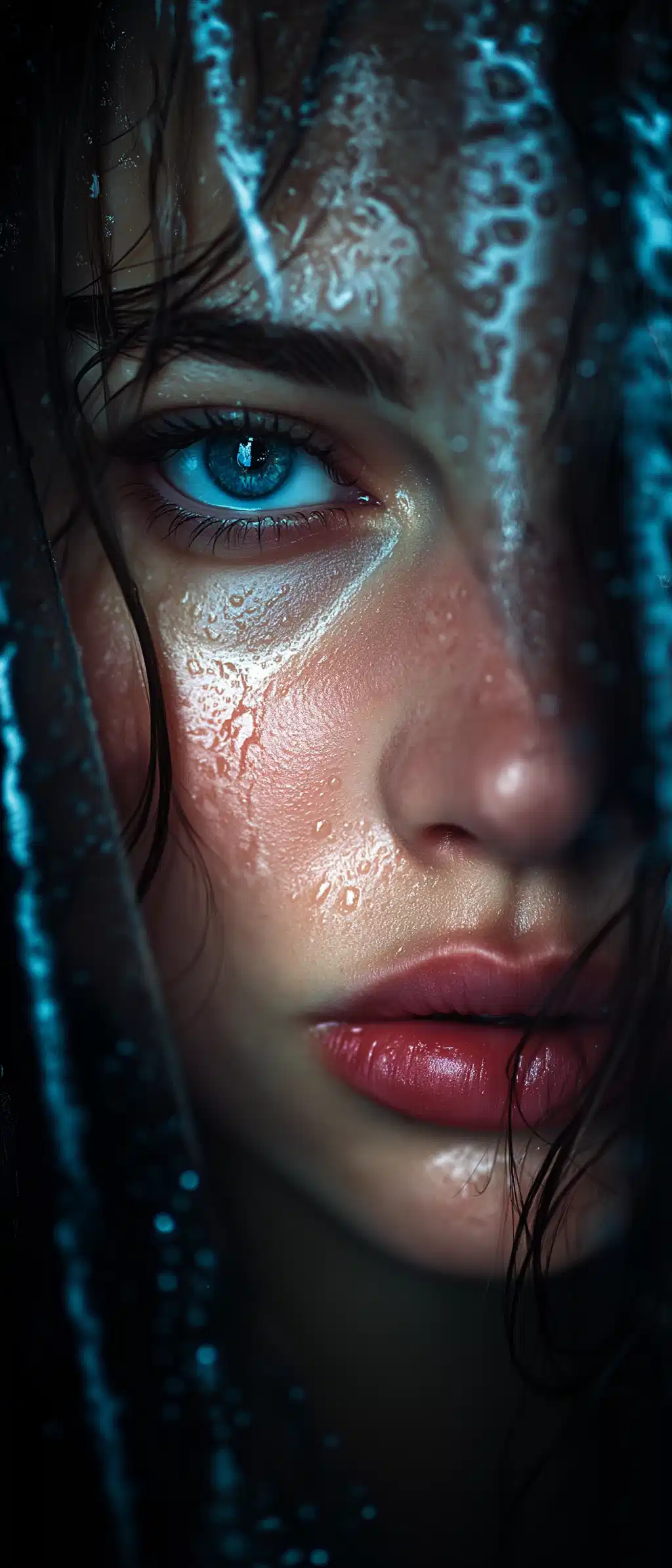 Female Face Cyber Neon Blue Markings Wallpaper