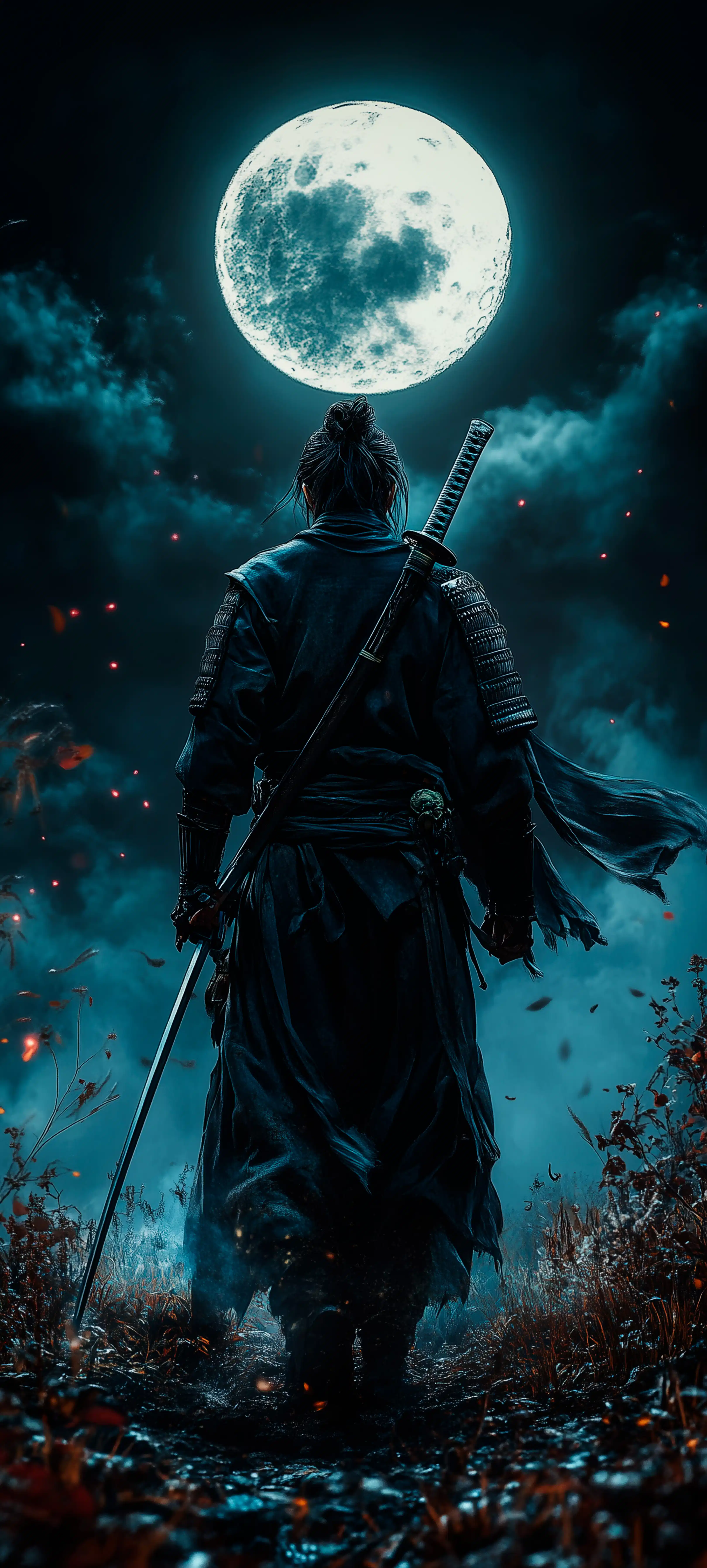 Samurai Warrior Standing Full Moon Wallpaper