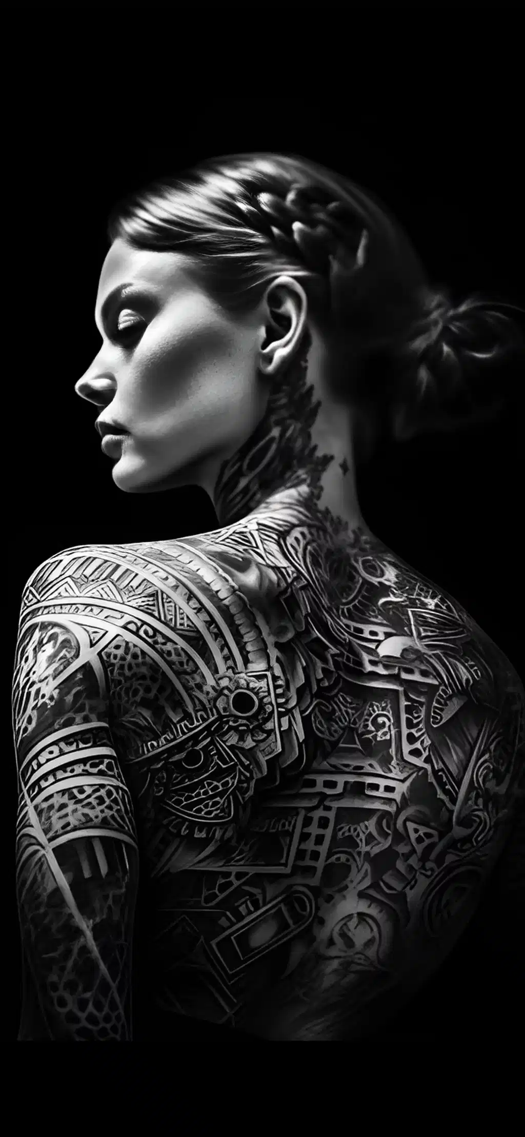 Monochrome Woman Tattoo Back Profile