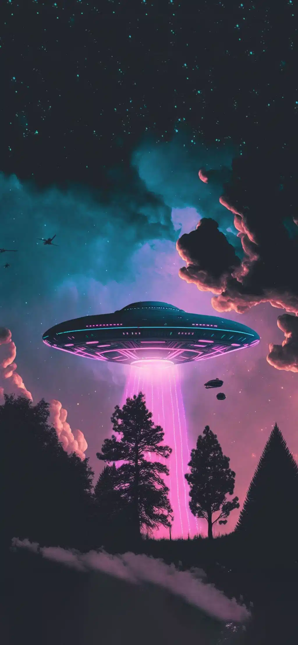 Alien UFO Spaceship Glowing Beam Forest