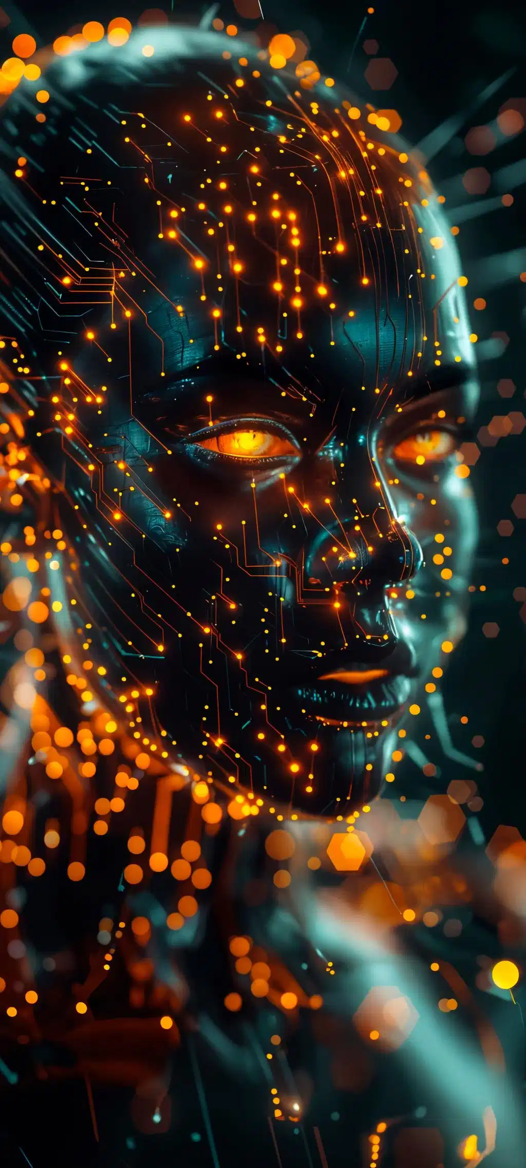Cyborg Face Fractured Glowing Embers