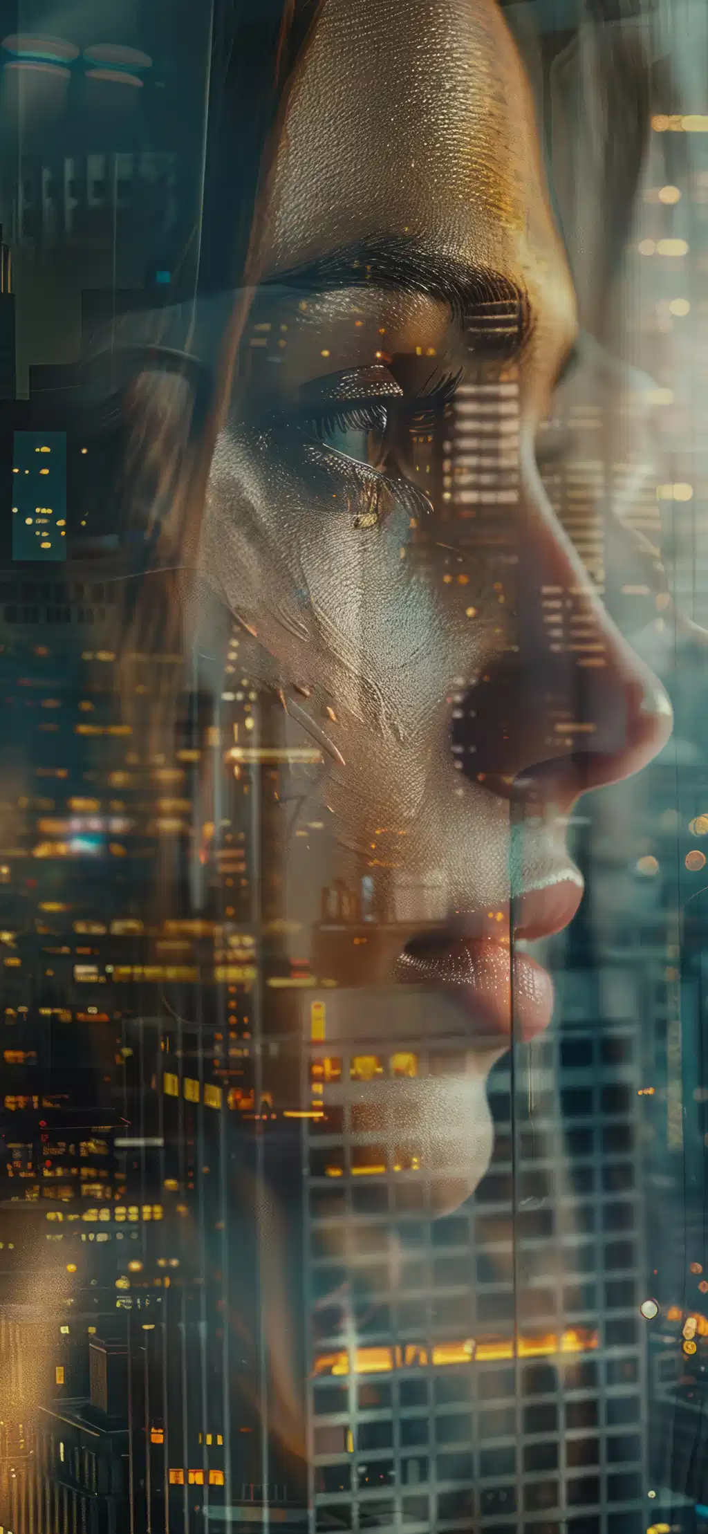 Cyborg Woman Portrait Glowing City Lights