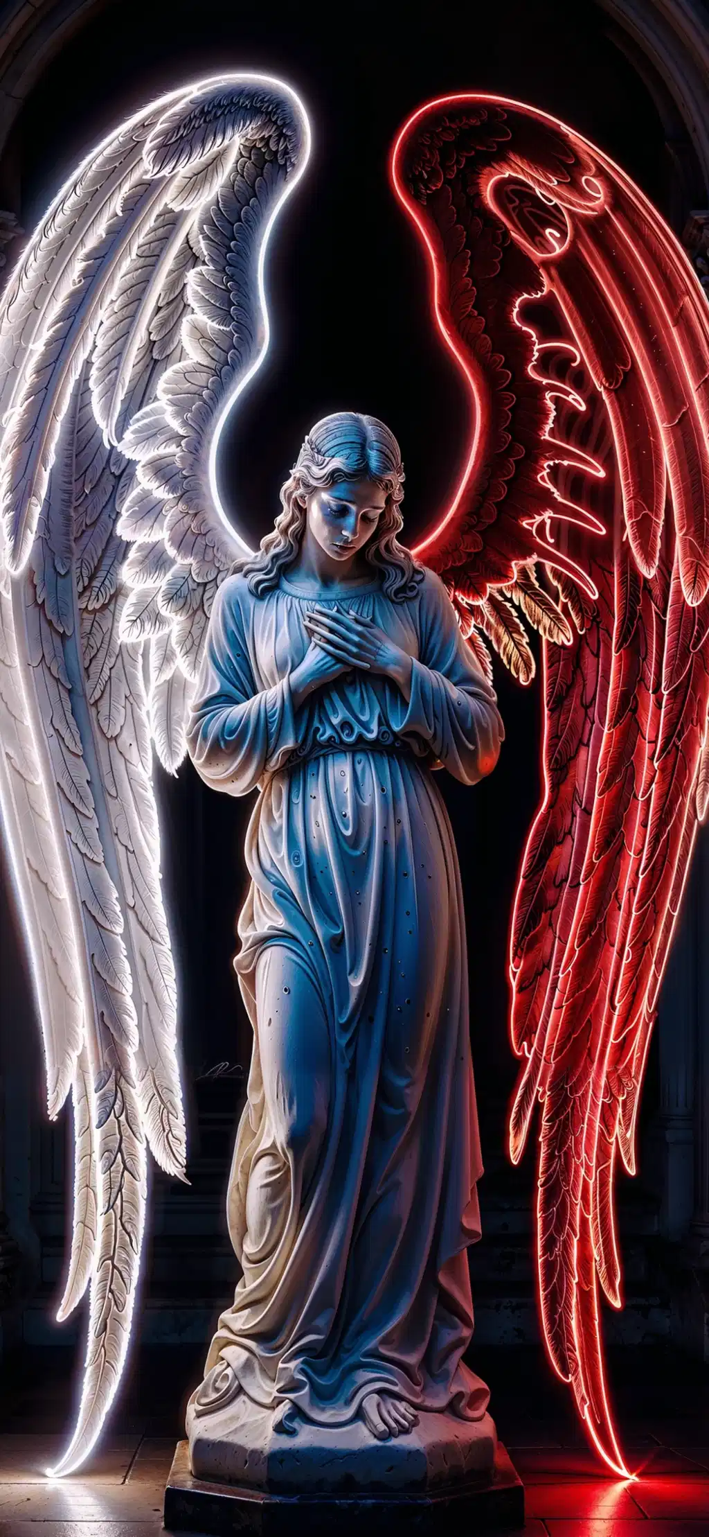 Neon Red Blue Winged Angel Statue
