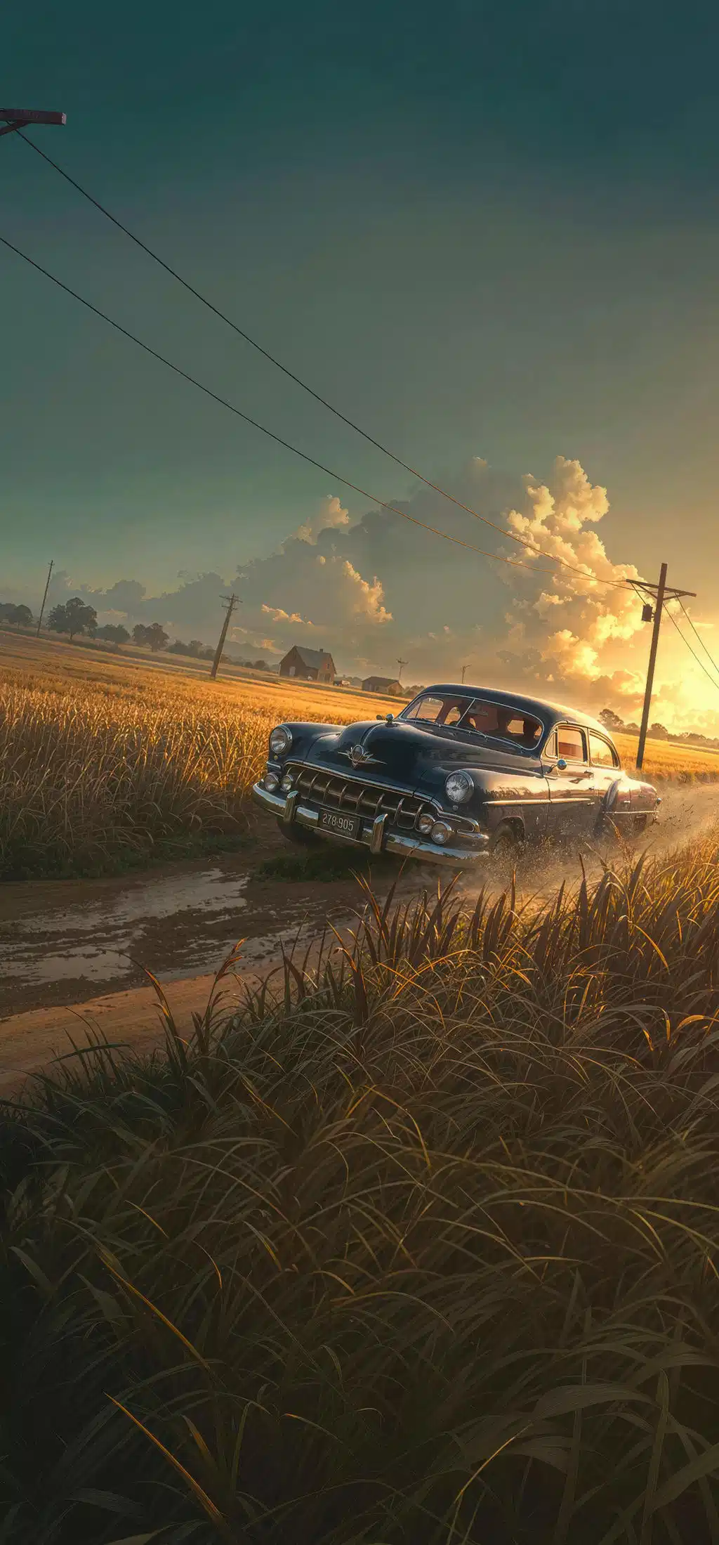Vintage Classic Car Country Road Sunset