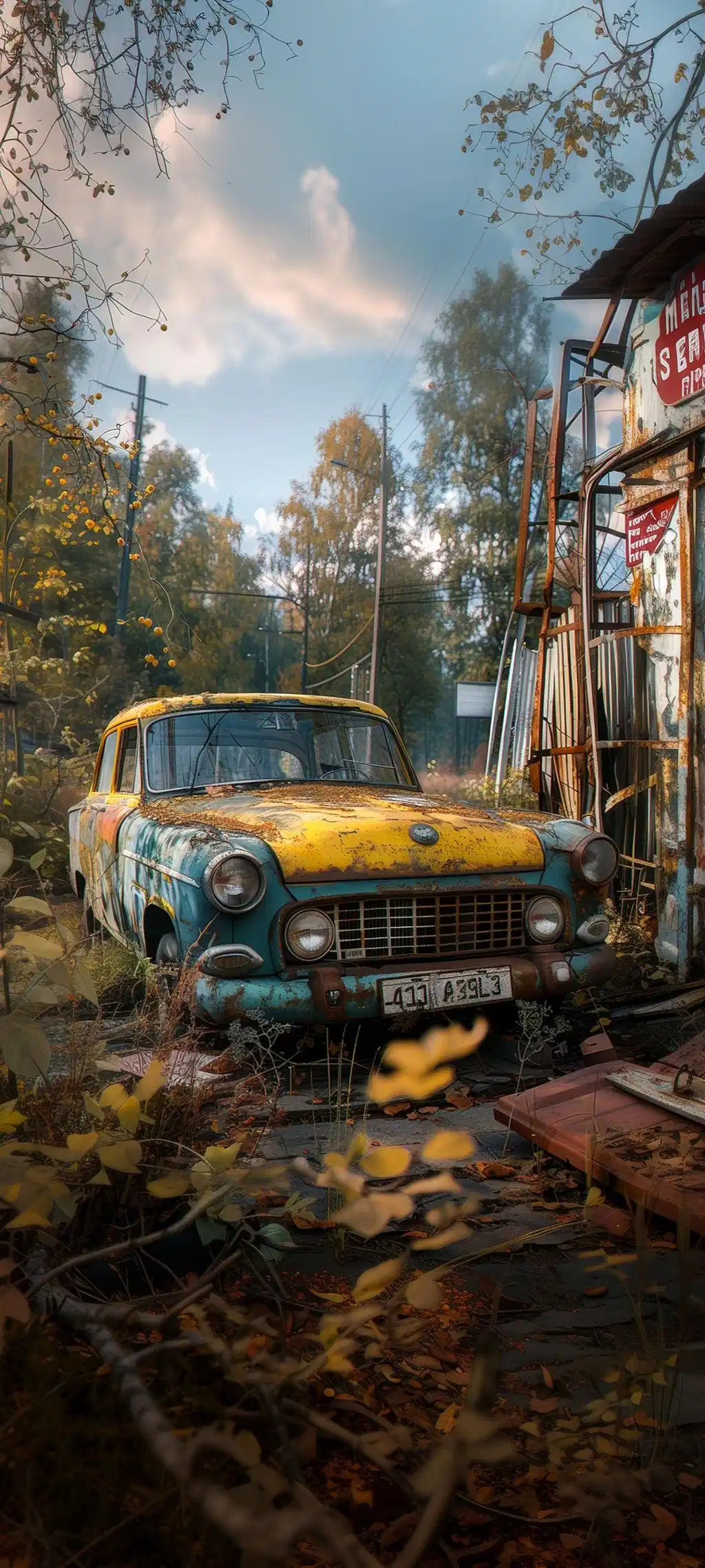 Vintage Yellow Car Autumn Forest Road